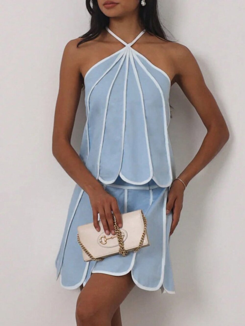 Blue Sexy Women's Halter Neck Backless Sleeveless Top and Skirt Two-Piece Set - Picture 3 of 8